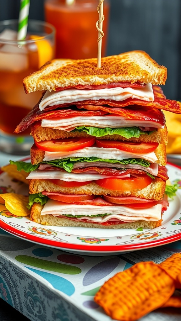 A tall club sandwich with bacon, turkey, lettuce, and tomato on toasted bread, served with chips.